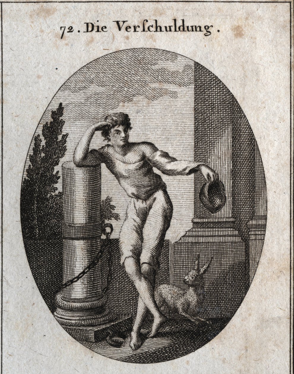 Alegoria de débito. A lebre e o boné (verde) que ele segura, bem como a corrente presa à coluna em ruínas, são os emblemas que indicam que o devedor está sempre com medo de que o insolvente o faça perder sua honra ou sua liberdade. Gravação em "I de Austrian School