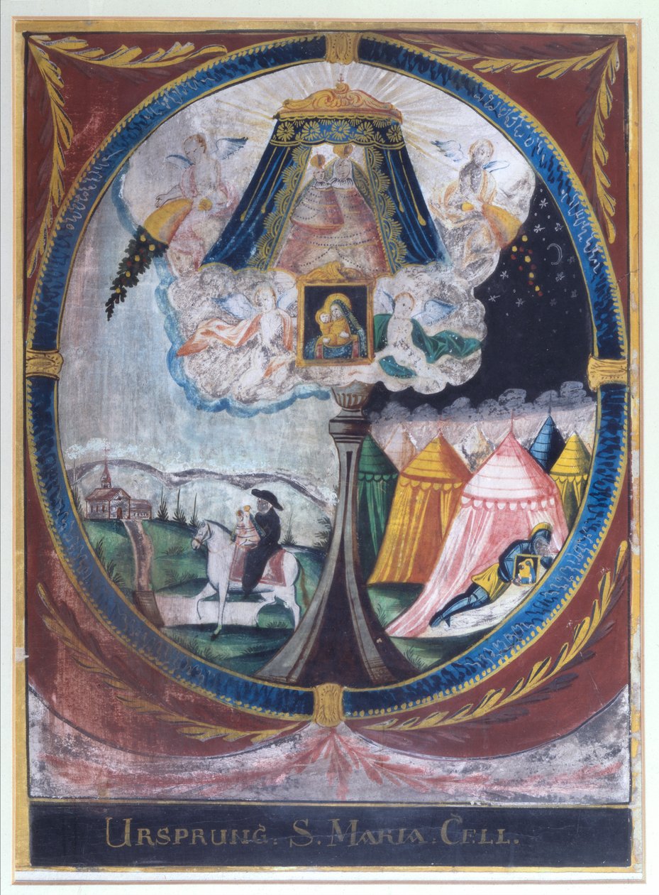 Representação do Monge Magno trazendo a estátua de madeira milagrosa da Virgem Maria a Mariazell em 1157 e da Aparição de Nossa Senhora a um cavaleiro adormecido (aguarela sobre papel) de Austrian School
