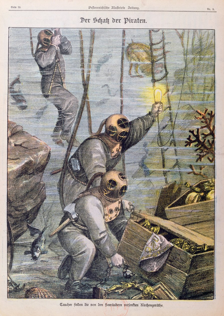 Mergulhadores encontram tesouros saqueados por piratas das igrejas, em 1897 de Austrian School