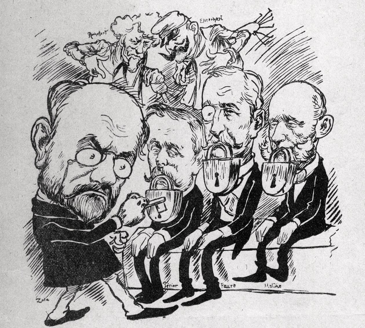 Emile Zola tenta abrir as fechaduras que fecham a boca dos Presidentes Jean Casimir-Perier (1847-1907) e Felix Faure (1841-1899), bem como do Presidente do Conselho Jules Meline (1838-1925), enquanto, ao fundo, Henri Rochefort (1831-1913) disse ao Com de Austrian School