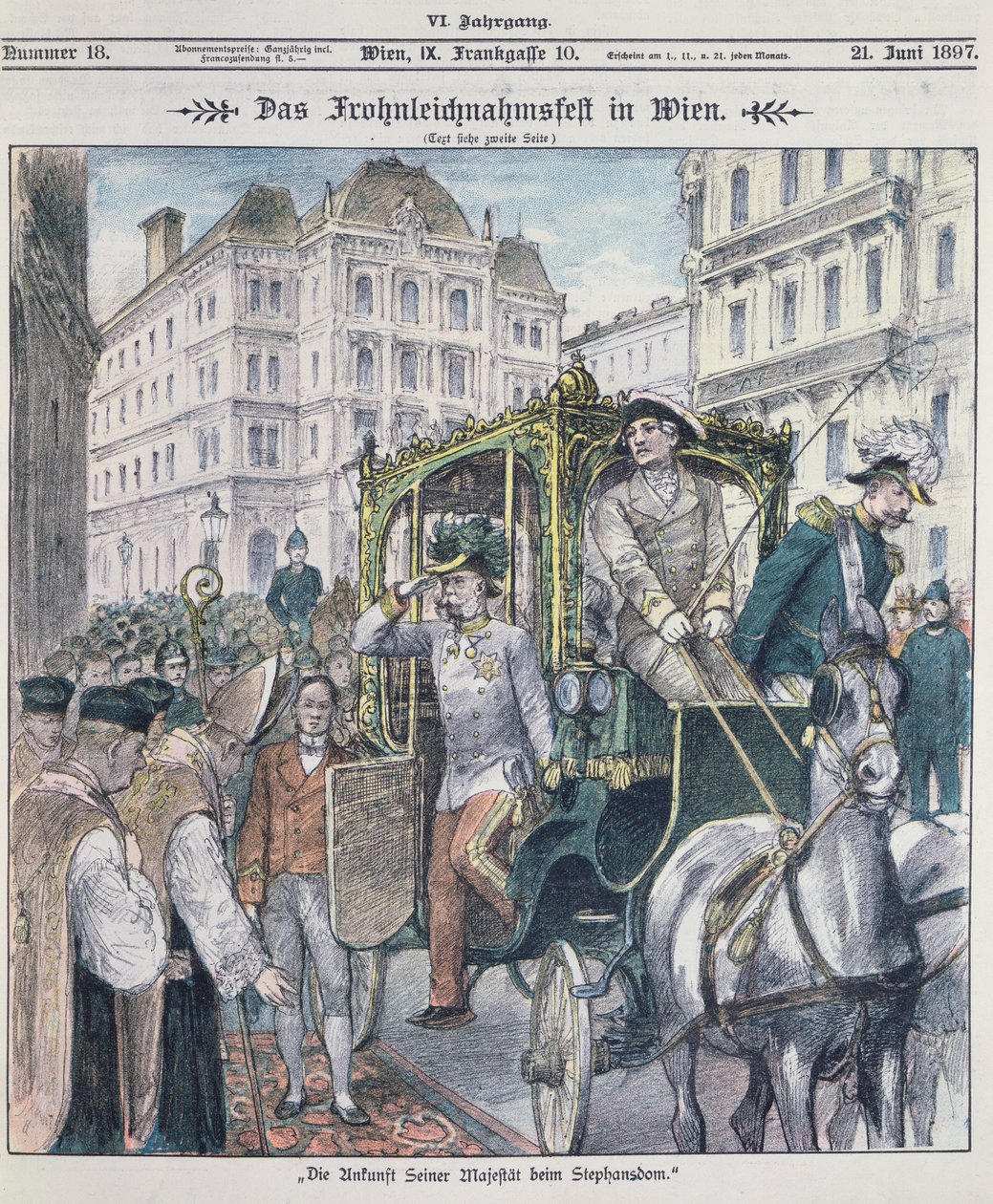 Imperador Franz Josef da Áustria, chegando à Catedral de Santo Estêvão, em Viena, para celebrar a festa de Corpus Christi (Fronleichnam), 1897; de Austrian School