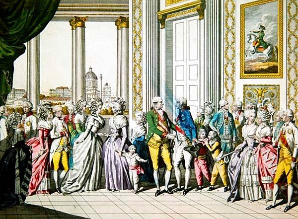 O Imperador Leopoldo II e sua família dão as boas-vindas a Fernando I, Rei de Nápoles e da Sicília e sua família em Viena de Austrian School