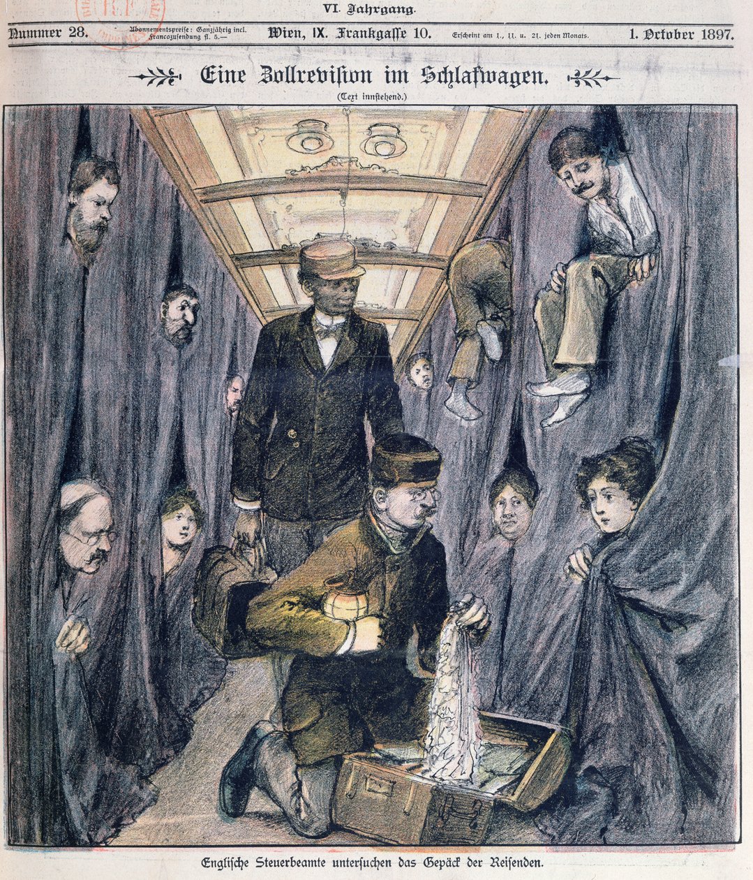 Funcionários da alfândega inglesa examinando a bagagem em um carro de dorminhoco de Austrian School
