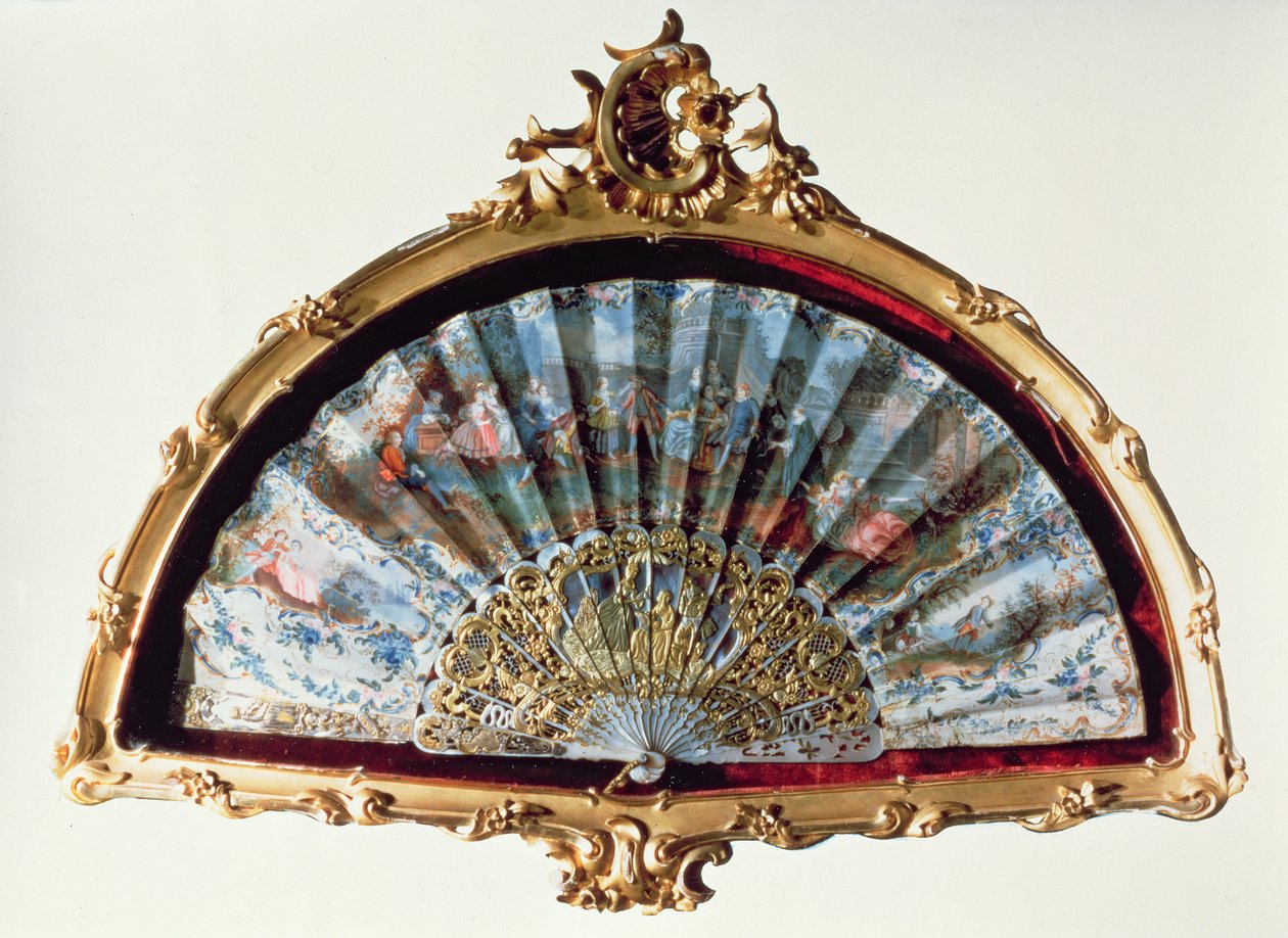 Fan, decorado com uma cena de um campeão de fete, pertencente à Imperatriz Elisabeth (marfim, dourado) de Austrian School
