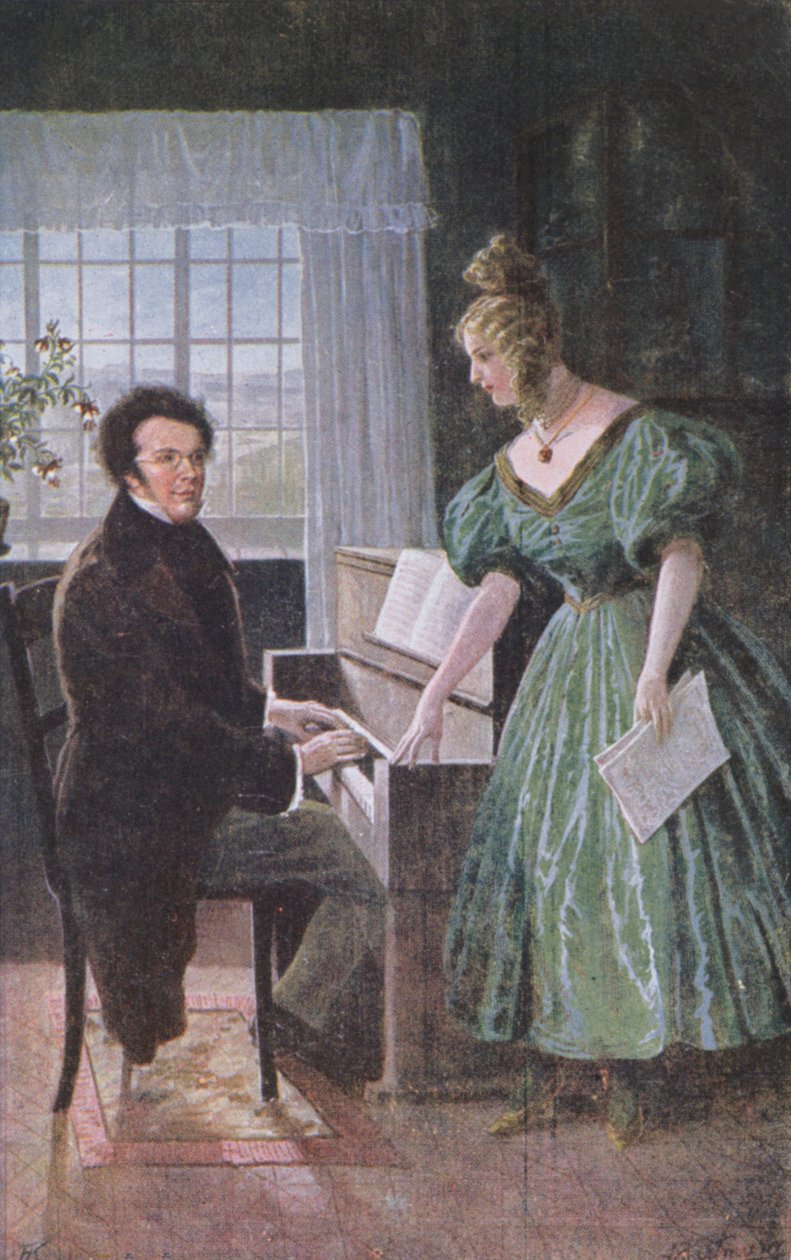 Franz Peter Schubert (1797-1828) tocando piano, cartão postal c.1910 de Austrian School