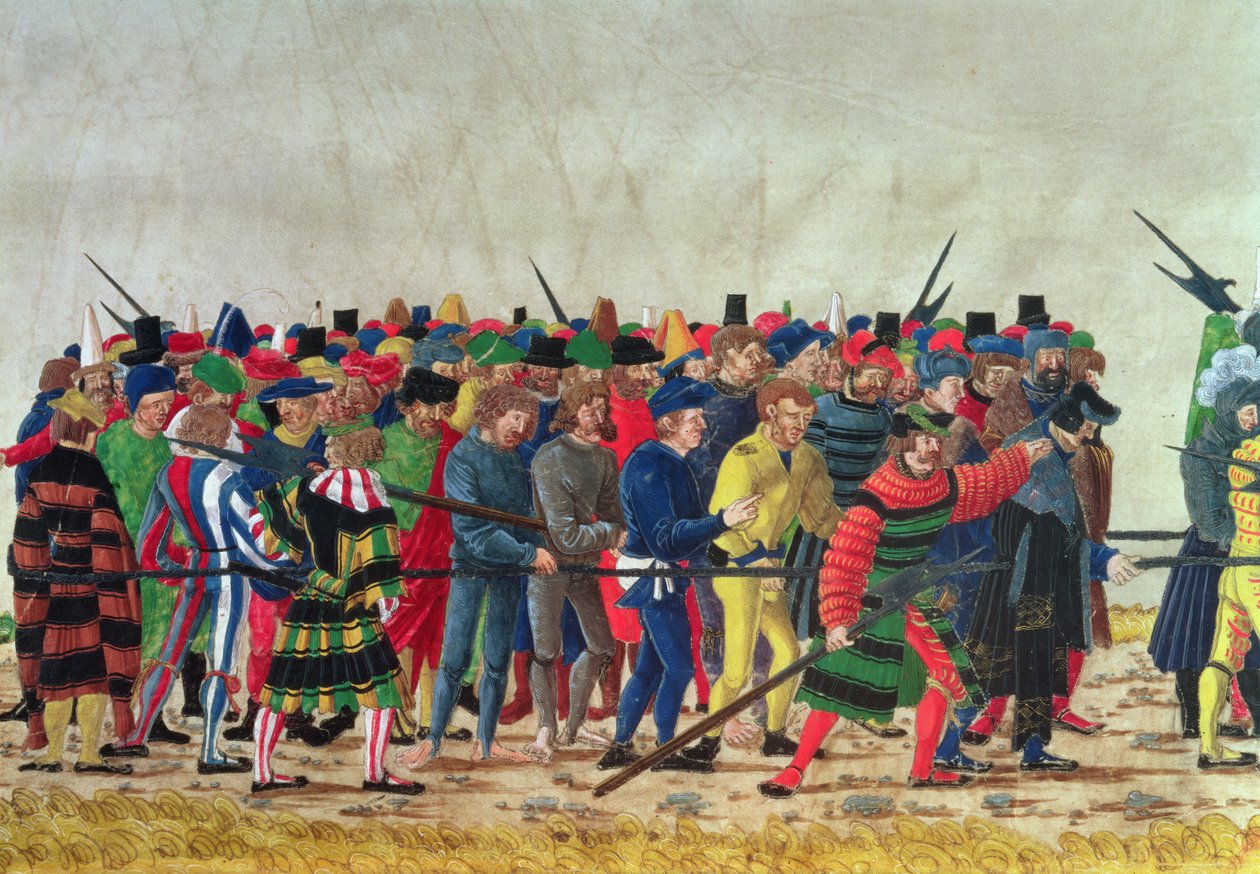 Halberdiers de Maximiliano I (1459-1519) que guarda prisioneiros franceses de Austrian School