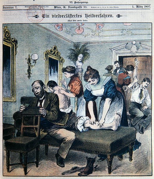 Representação humorística de um salão de massagens americano de Austrian School