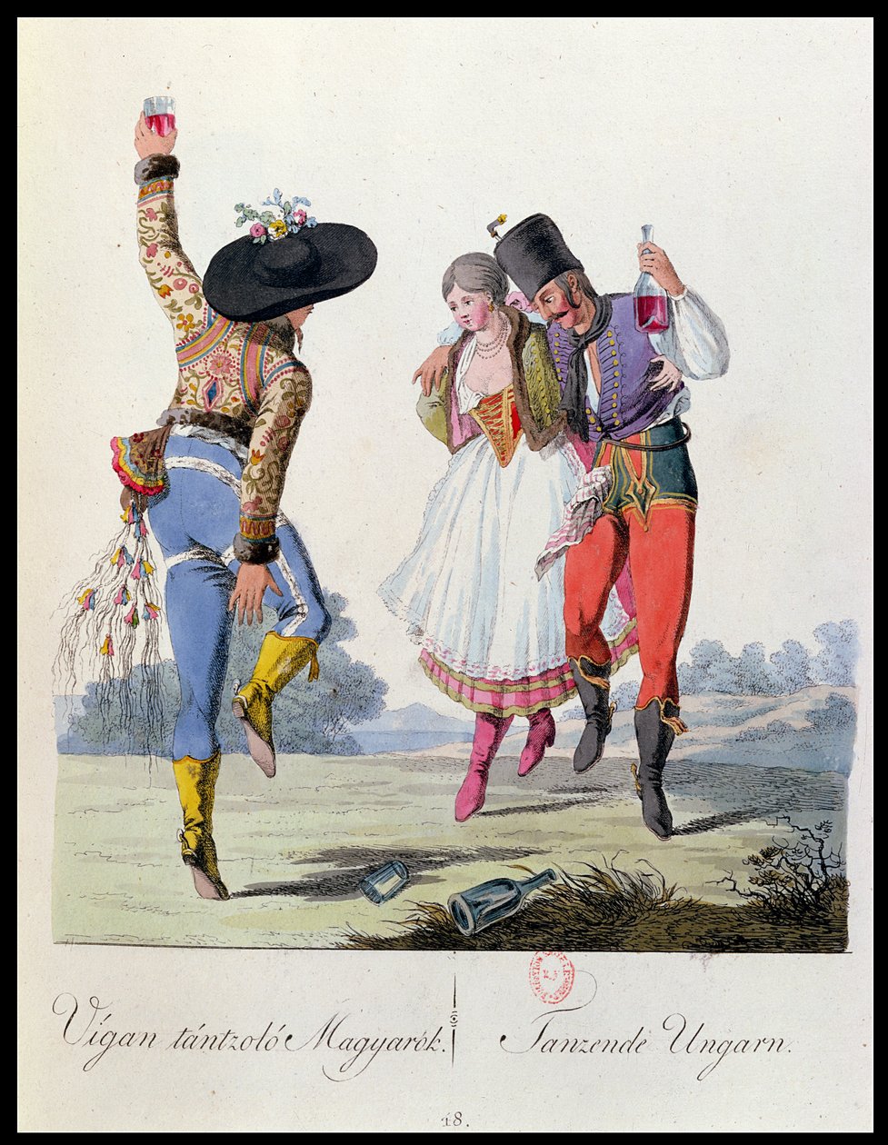 Dançarinos húngaros em trajes tradicionais, ilustração de um livro Trajes de Pannonie por JH de Bikkesy, publicado em Viena, 1810 (gravura a cores) de Austrian School