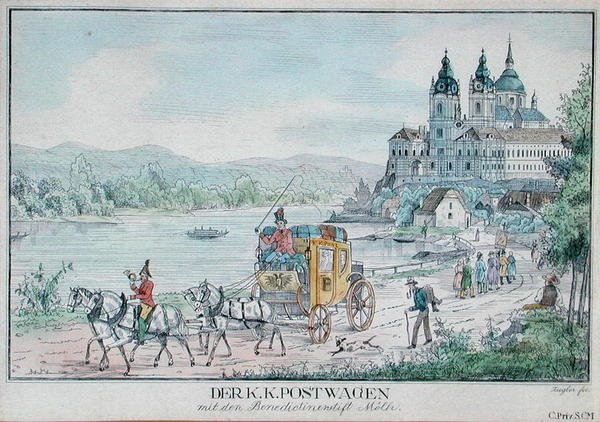Carruagem dos Correios Imperiais Austríacos em frente à Abadia de Melk, junto ao rio Danúbio, no início do século XIX (gravura a cores) de Austrian School