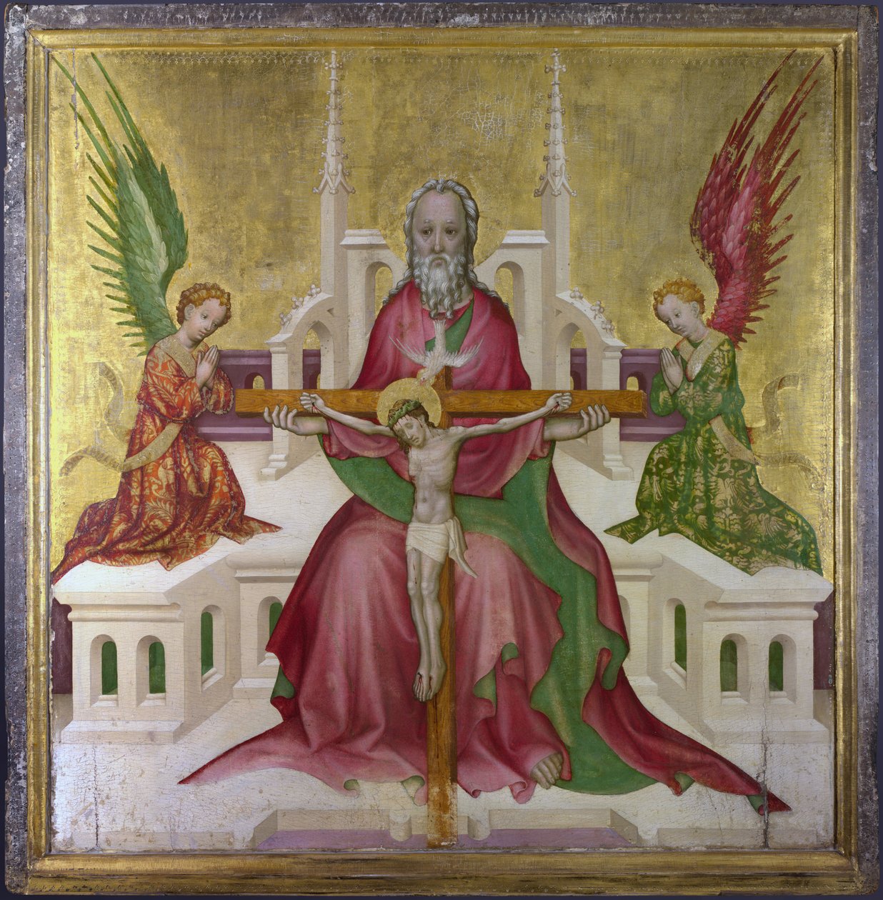 ""A Santíssima Trindade e Cristo Crucificado"" Pintura da Escola Austríaca, Cerca de 1410 Dim 118,1 x 114,9 cm Galeria Nacional de Londres de Austrian School