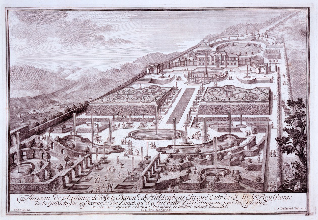 Magníficos jardins e palácio do Barão de Huldenburg, construído por ele em Widlingsau, 1719 de Austrian School