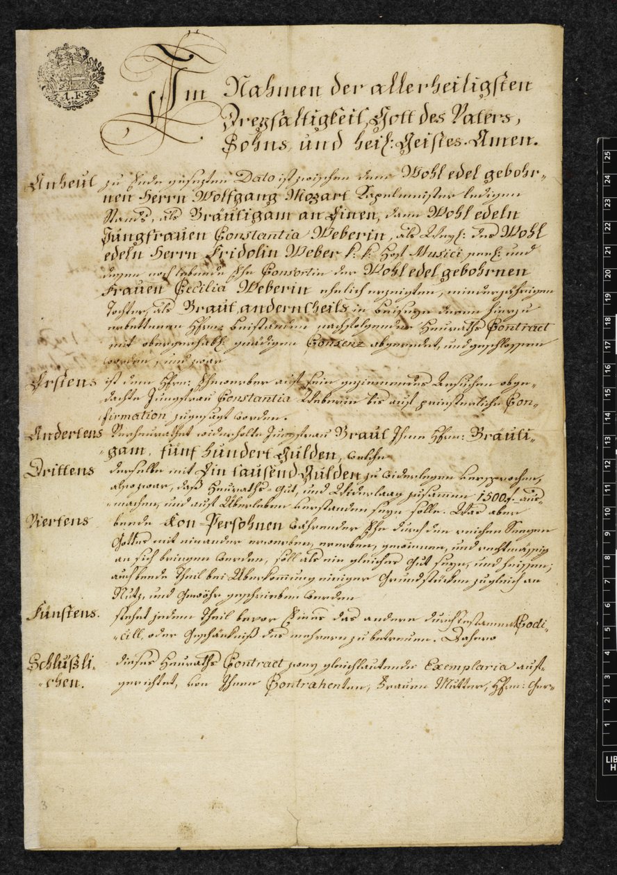 Certidão de casamento de Wolfgang Amadeus Mozart e Constanze Weber de Austrian School