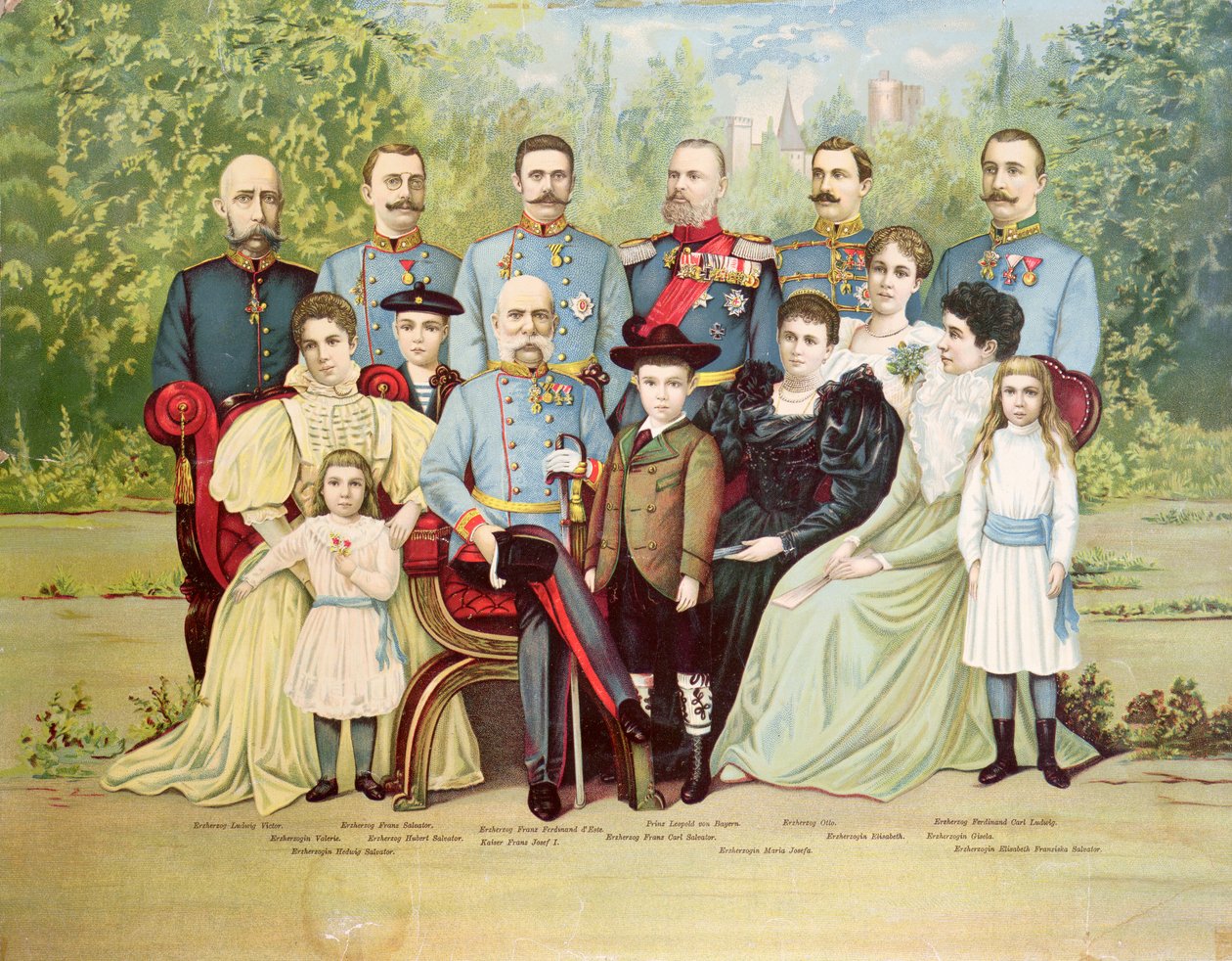 Membros da família imperial austríaca agrupados em torno do imperador Franz Joseph I (1830-1916) c.1900 de Austrian School