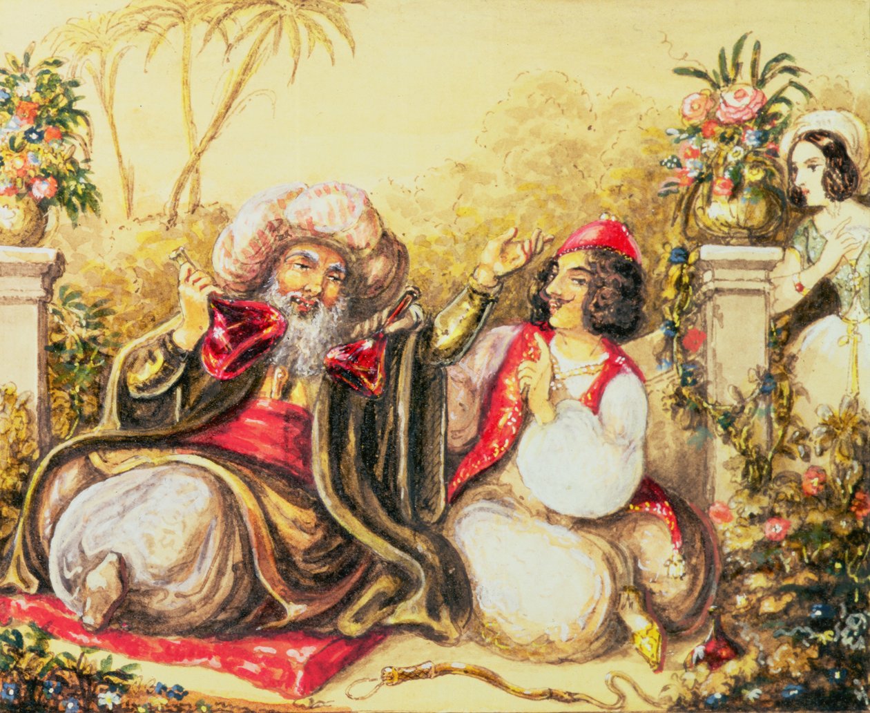 Pedrillo usando Osmin com bebida, enquanto Blonda espera no fundo, cena do Ato II, de "O Rapto do Serralho" de Wolfgang Amadeus Mozart (1756-91) de Austrian School