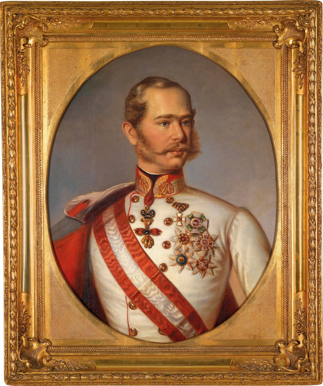 Retrato de Francisco José I da Áustria (1830-1916). Tem a condecoração da Ordem do Tosão de Ouro. Pintura anônima, óleo sobre tela, por volta de 1855. Arte austríaca de Austrian School