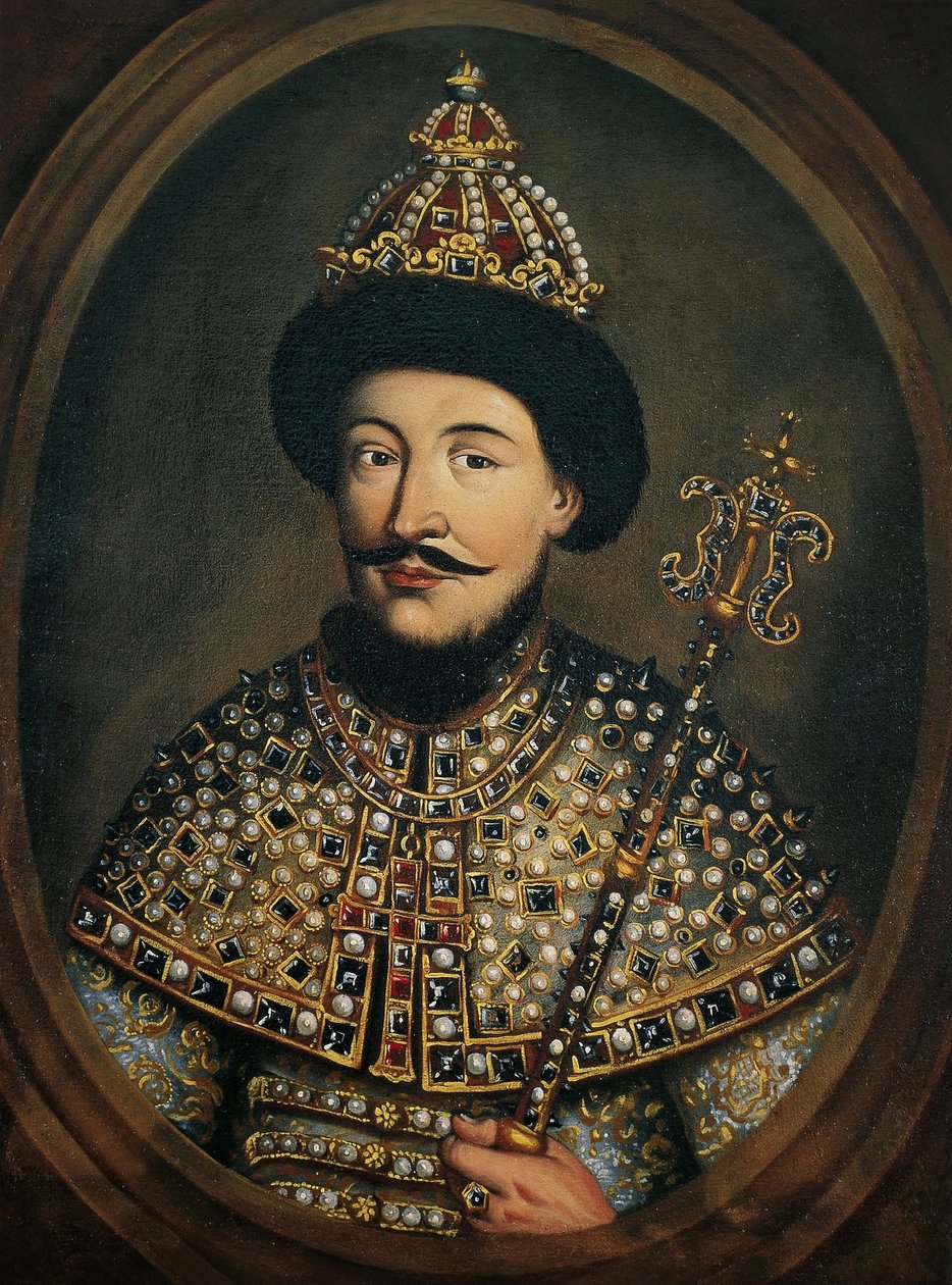 Retrato do czar Alexis I Mikhailovitch de Russie, dit le tsar tres paisible(1629-1676) - Retrato do czar Alexis I Mikhailovich da Rússia (1629-1676) por mestre austríaco (ativo ca. 1440-1450) de Austrian School