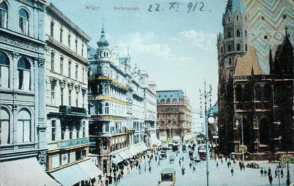 Cartão postal representando a Praça de Santo Estêvão e a Catedral de Santo Estêvão, Viena de Austrian School