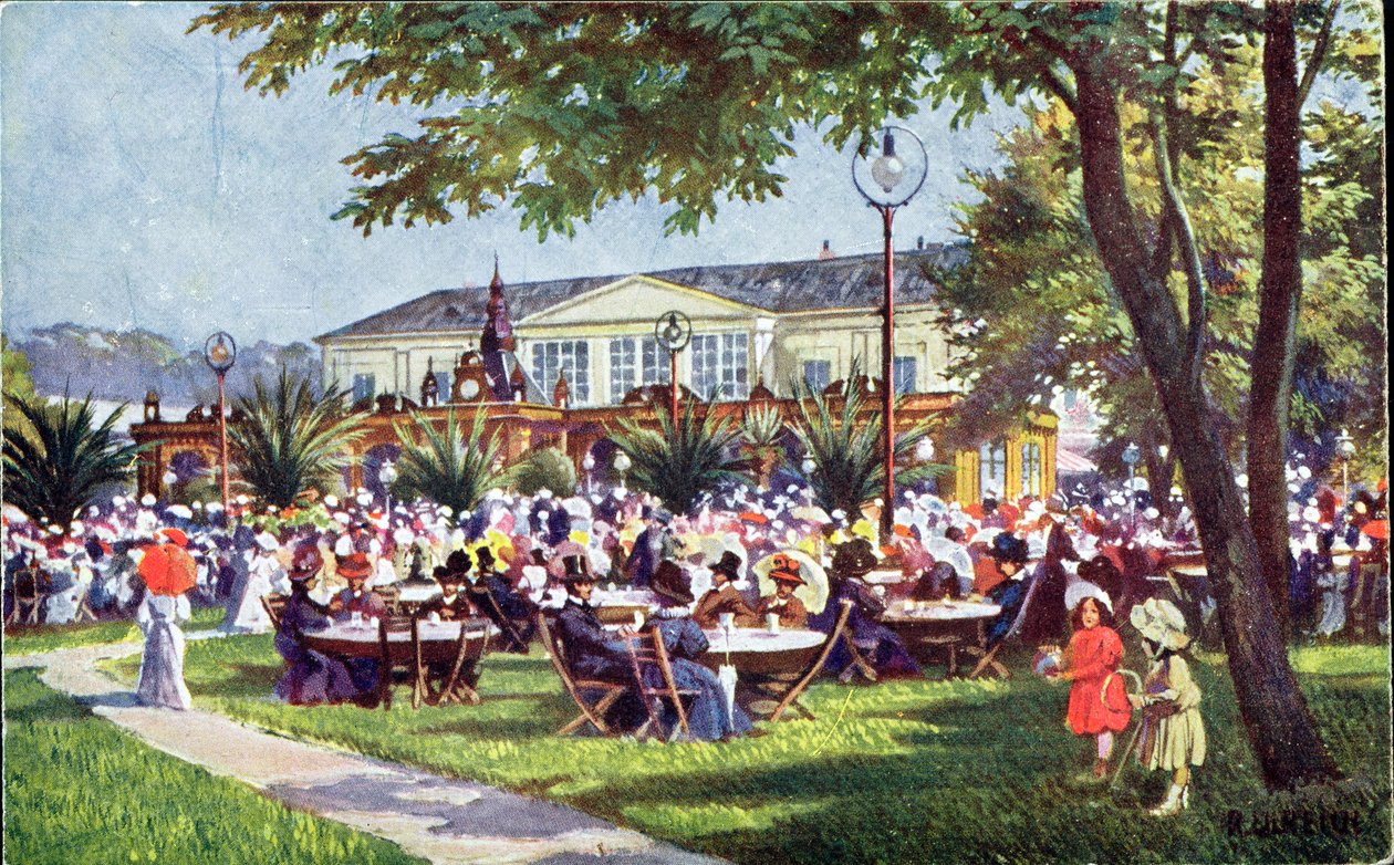 Postal retratando o terraço do café Meierei-Tivoli, Bairro Schonbrunn, Viena de Austrian School