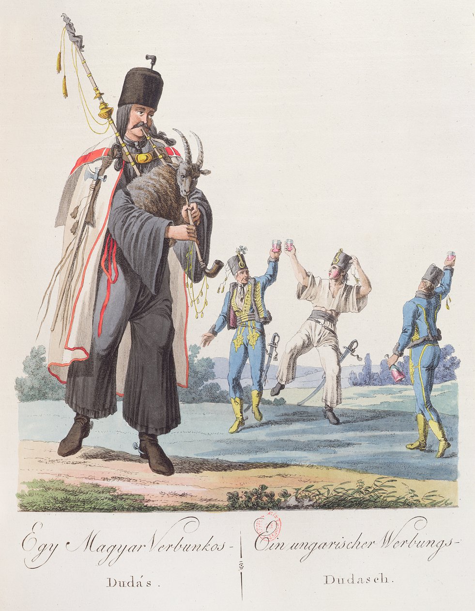Soldados de um regimento húngaro realizando uma dança de recrutamento, ilustração de um livro de trajes de Hongrie, publicado em Viena, 1810 de Austrian School