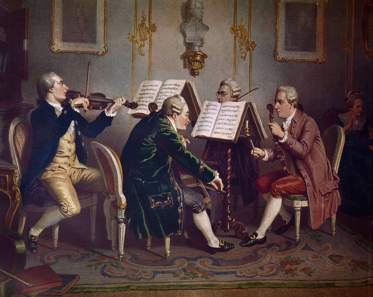 Quarteto de cordas a tocar uma obra de Mozart (Música de câmara) (Litografia de Austrian School