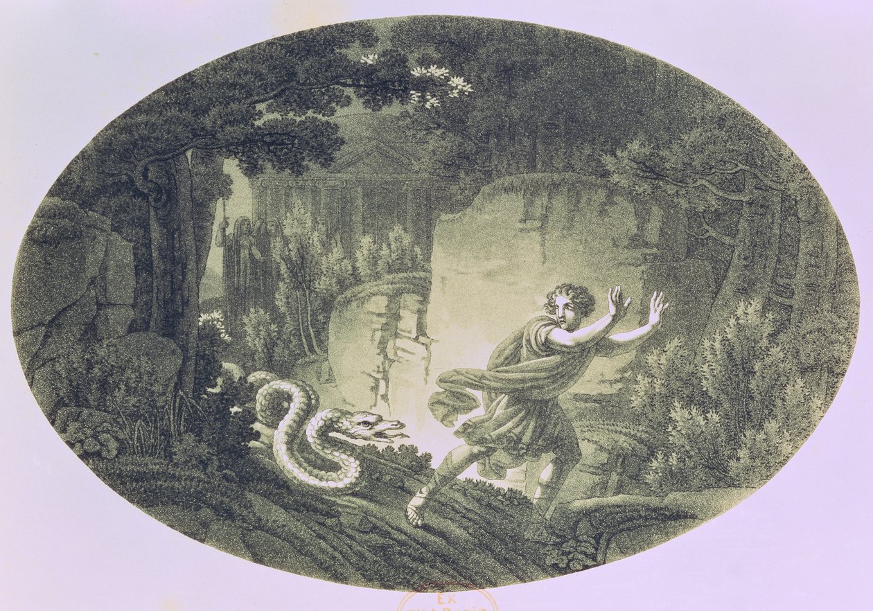 Tamino perseguido por uma serpente gigante, Ato I cena I de &39;A Flauta Mágica&39; de Wolfgang Amadeus Mozart (1756-91) (gravura) de Austrian School