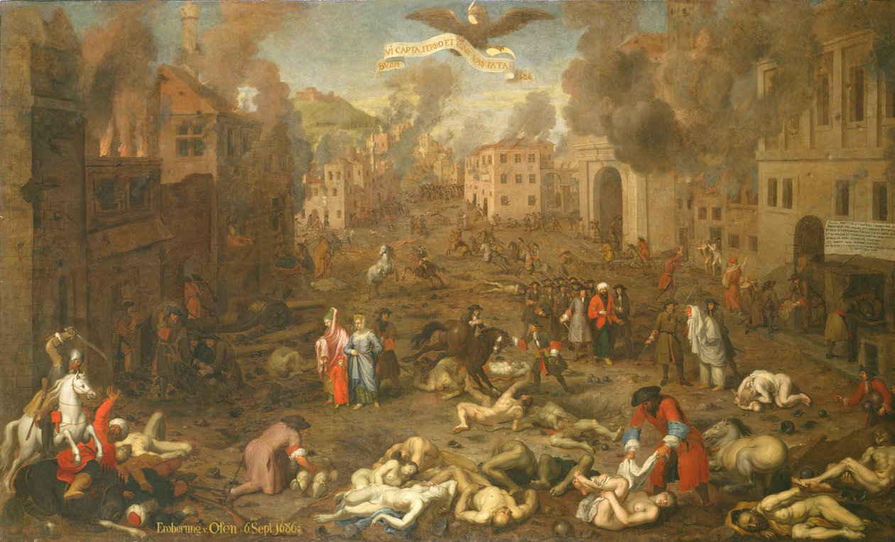 A tempestade de Ofen em 6 de Setembro de 1686 (óleo sobre painel) de Austrian School