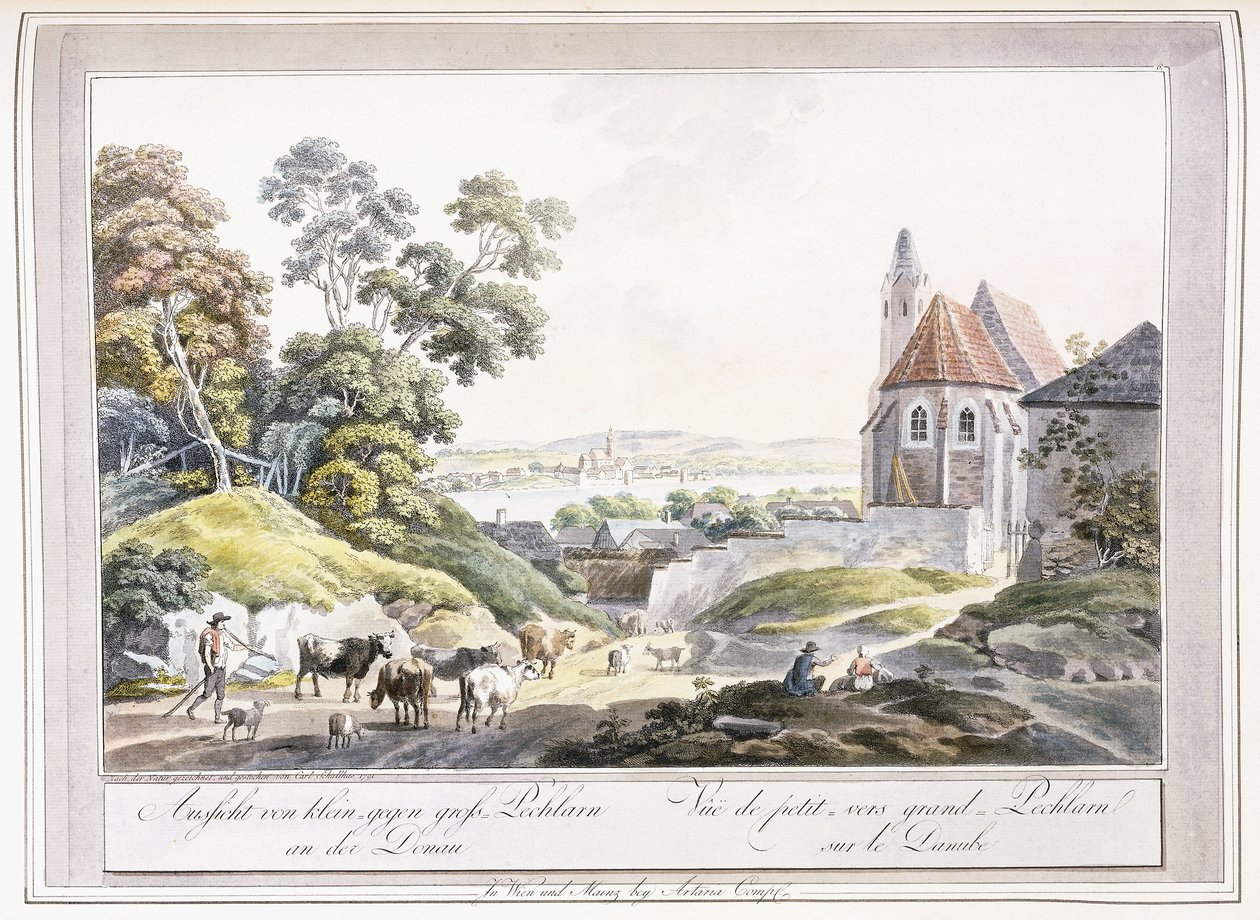 Vista do pequeno e grande Pechlarn no Danúbio, 1779-1792 de Austrian School
