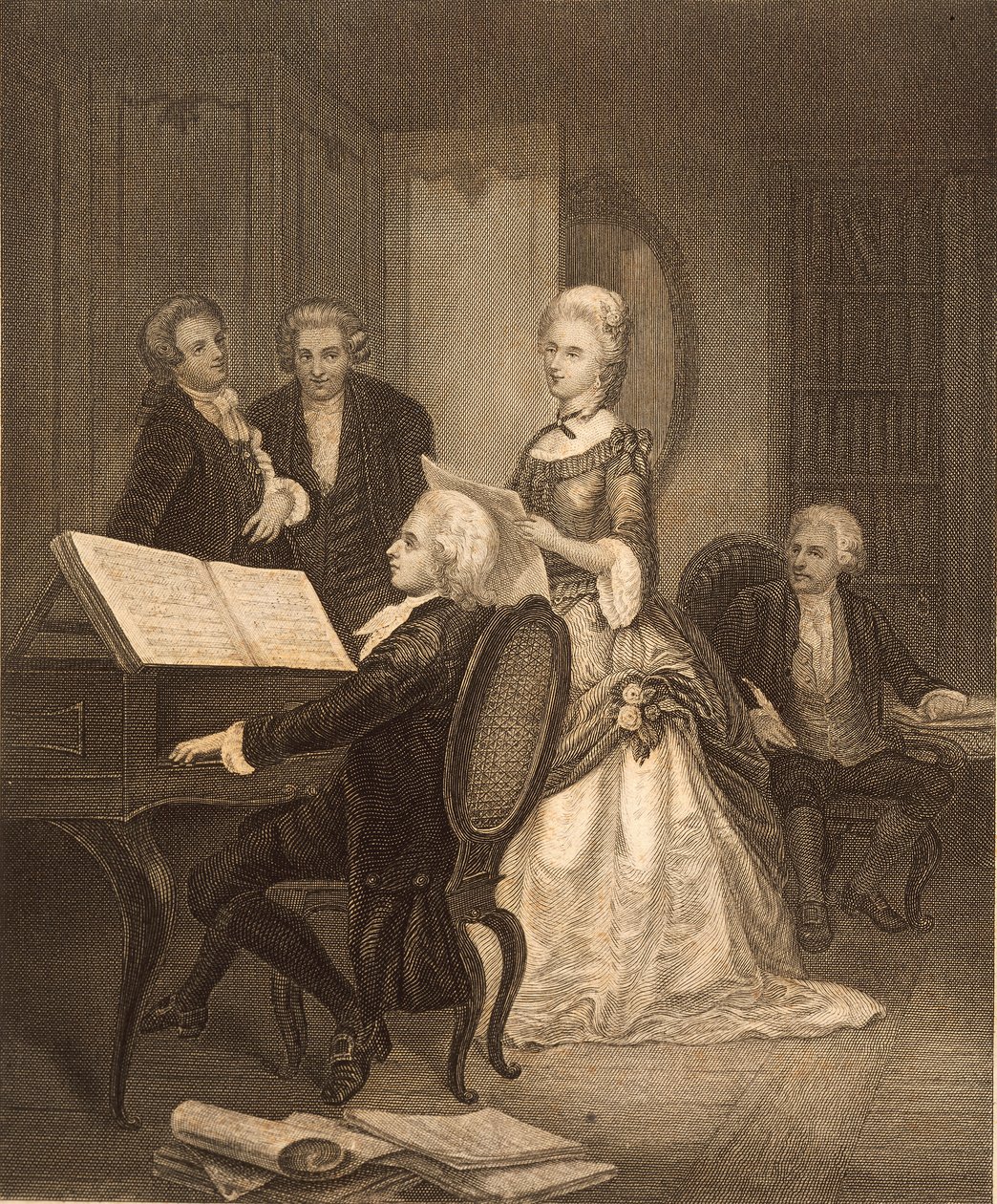 Wolfgang Amadeus Mozart acompanhando Caterina Maddalena Giuseppa (gravura) de Austrian School