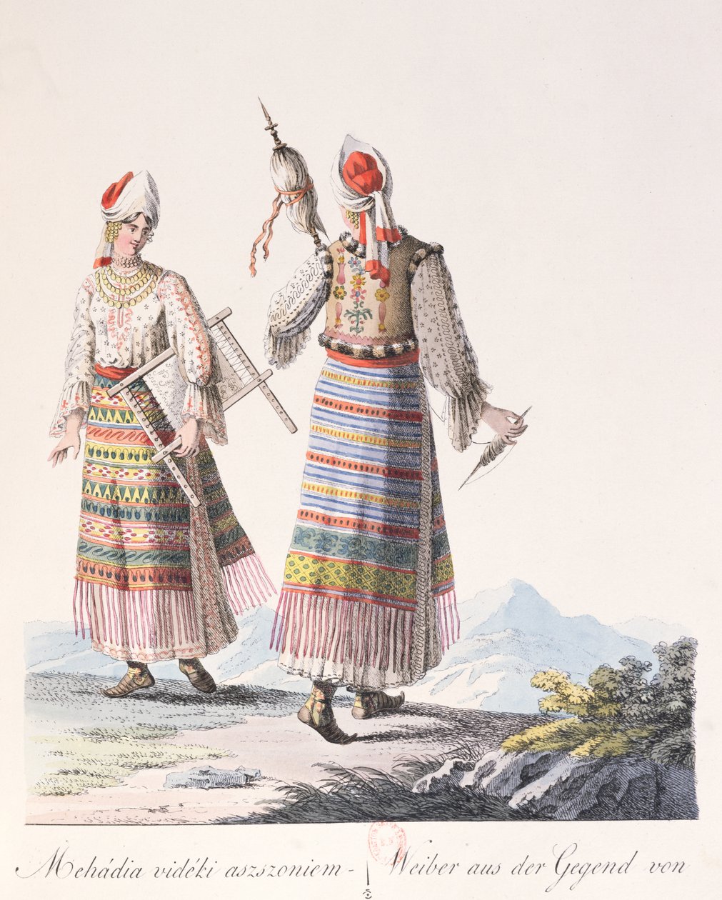 Mulheres em trajes tradicionais da região Mehadia, ilustração de um livro Fantasias de Hongrie por JH de Bikkesy, 1810 (gravura a cores) de Austrian School