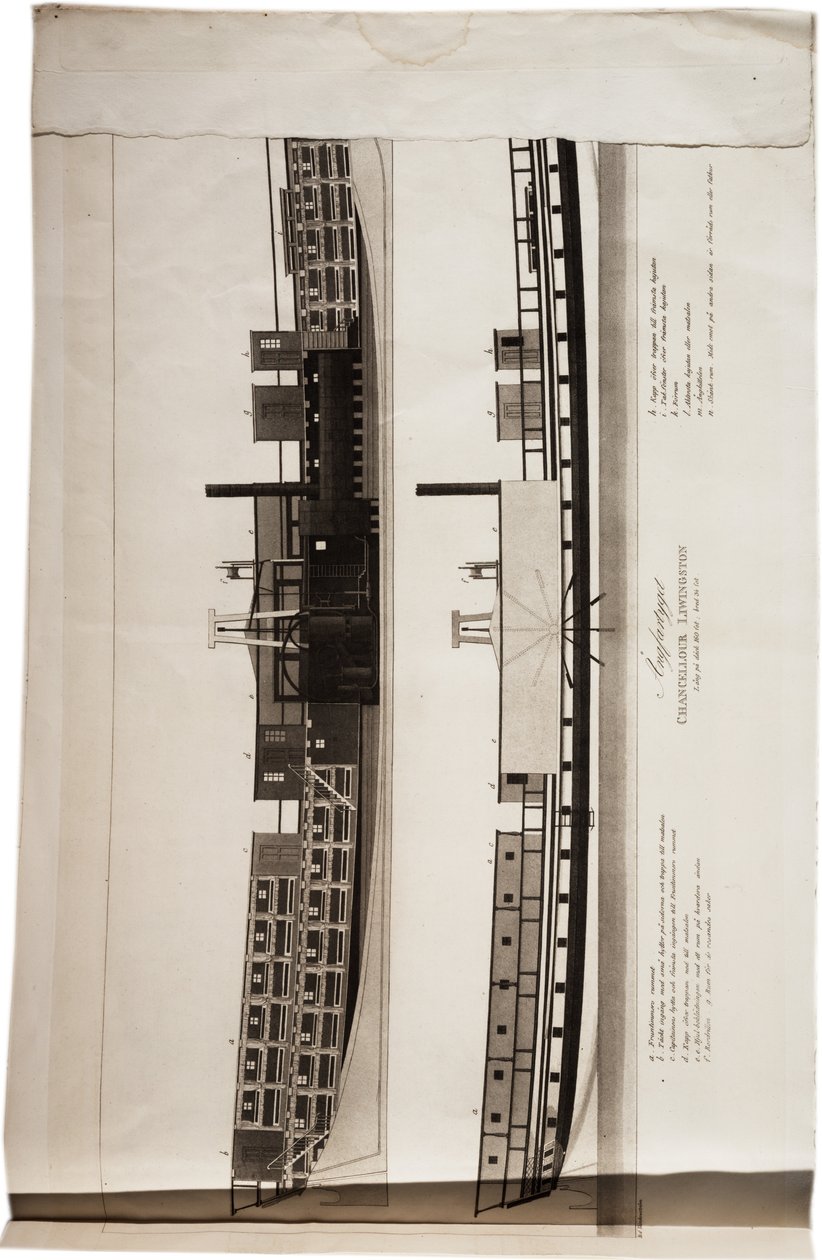 Vistas cortantes do barco a vapor de Fulton, o Chanceler Livingston, de um Atlas dos Estados Unidos, 1824 (aquatint) de Axel Leonhard Klinckowström