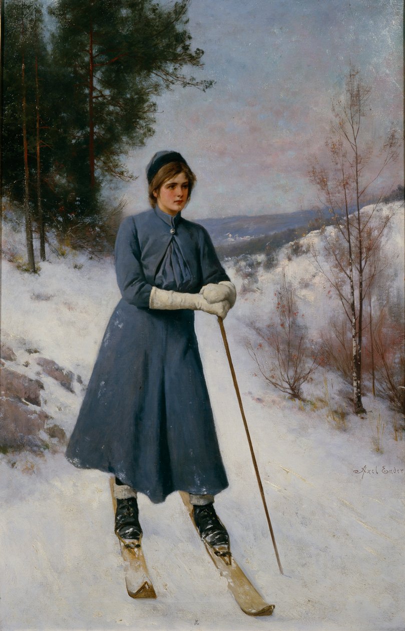 Garota em Esquis (óleo sobre tela) de Axel Hjalmar Ender