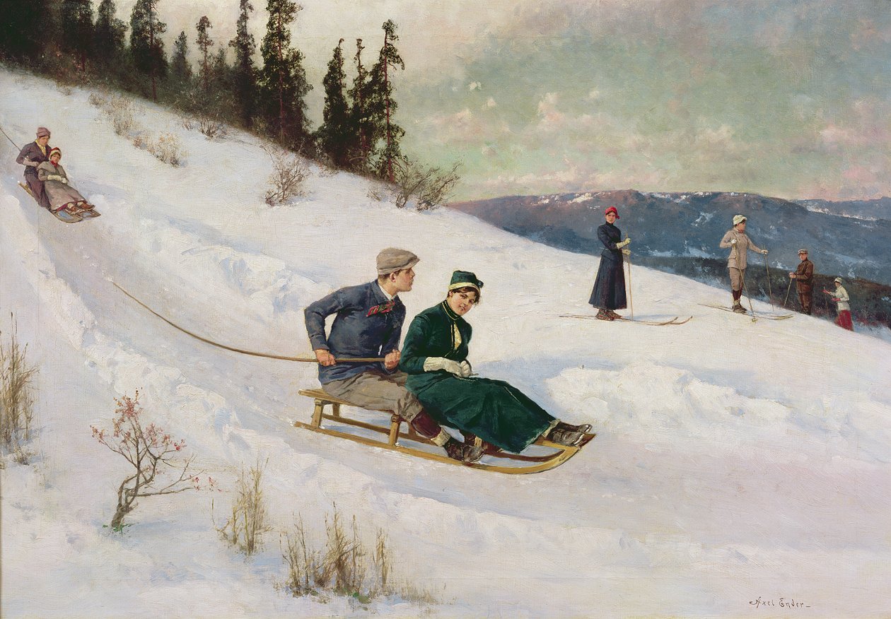 Passeio de trenó e esqui (óleo sobre tela) de Axel Hjalmar Ender
