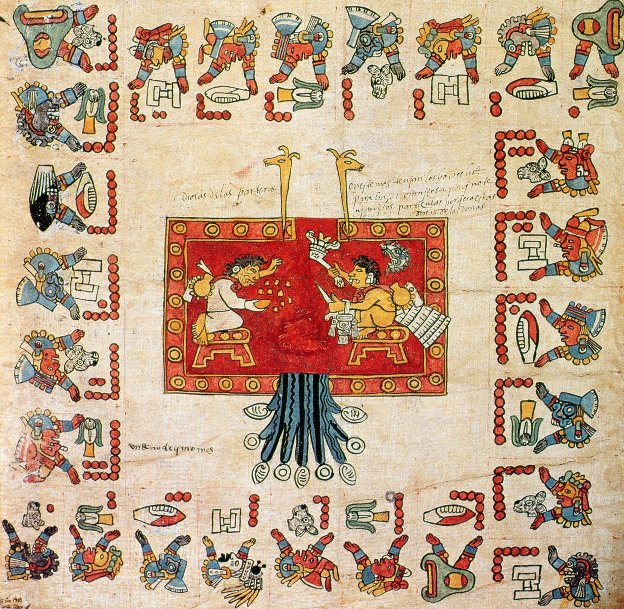 Cópia fac-símile do códice Borbonicus, detalhe representando a elaboração do calendário Oxomoco e Cipactonal de Aztec