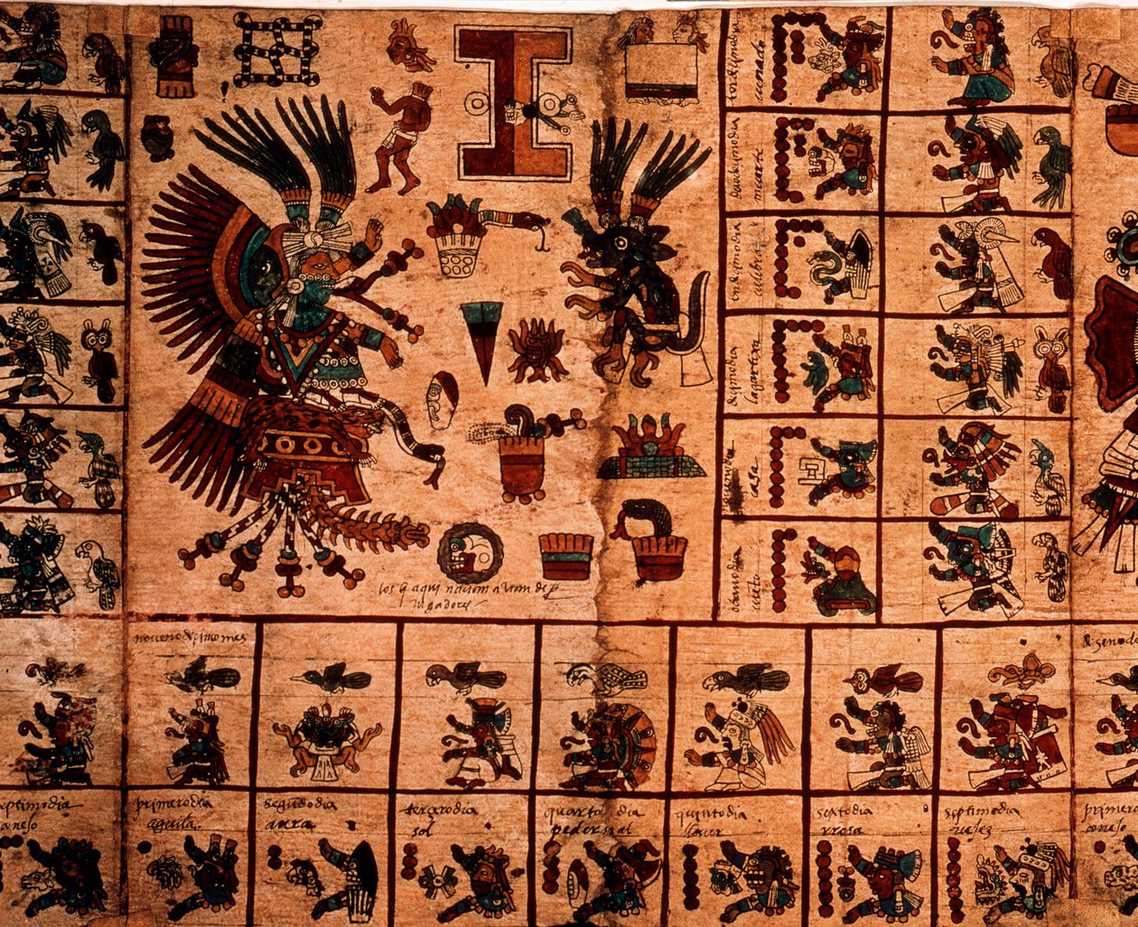 Representação das divindades astecas e caixas correspondentes ao calendário. Página do manuscrito asteca sobre casca de árvore "Codex Borbonicus", códice indígena pré-colombiano do México central, finais do século XV. Biblioteca da Assembleia Nacional (Pal de Aztec
