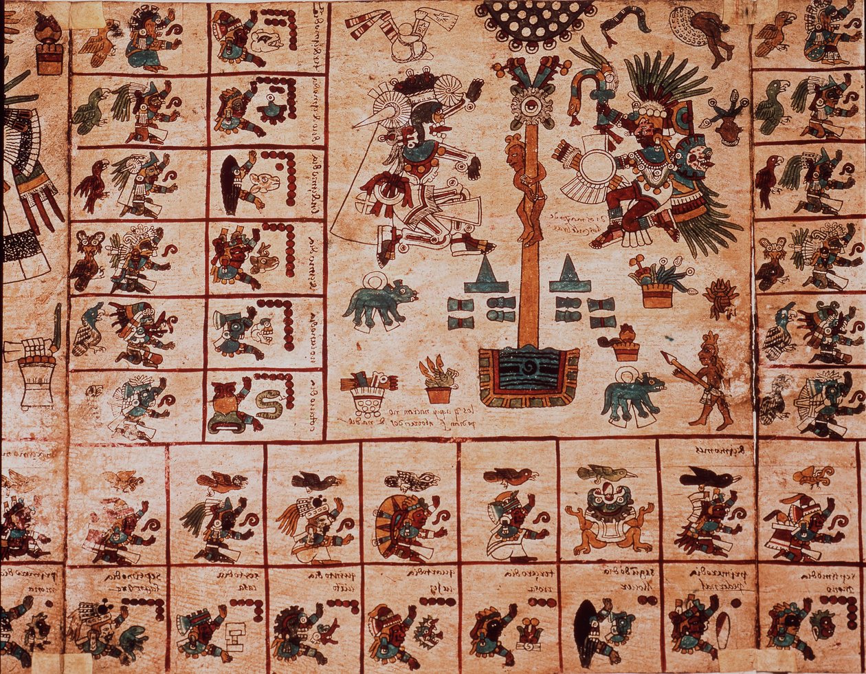 Representação das divindades astecas e caixas correspondentes ao calendário. Página do manuscrito asteca sobre casca de árvore "Codex Borbonicus", códice indígena pré-colombiano do México central, final do século XV. Biblioteca da Assembleia Nacional (Pala de Aztec