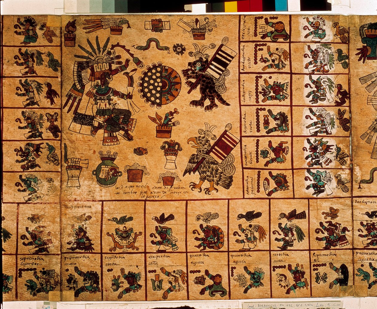 Representação das divindades astecas e caixas correspondentes ao calendário. Página do manuscrito asteca sobre casca de árvore "Codex Borbonicus", códice indígena pré-colombiano do México central, finais do século XV. Biblioteca da Assembleia Nacional (Pal de Aztec