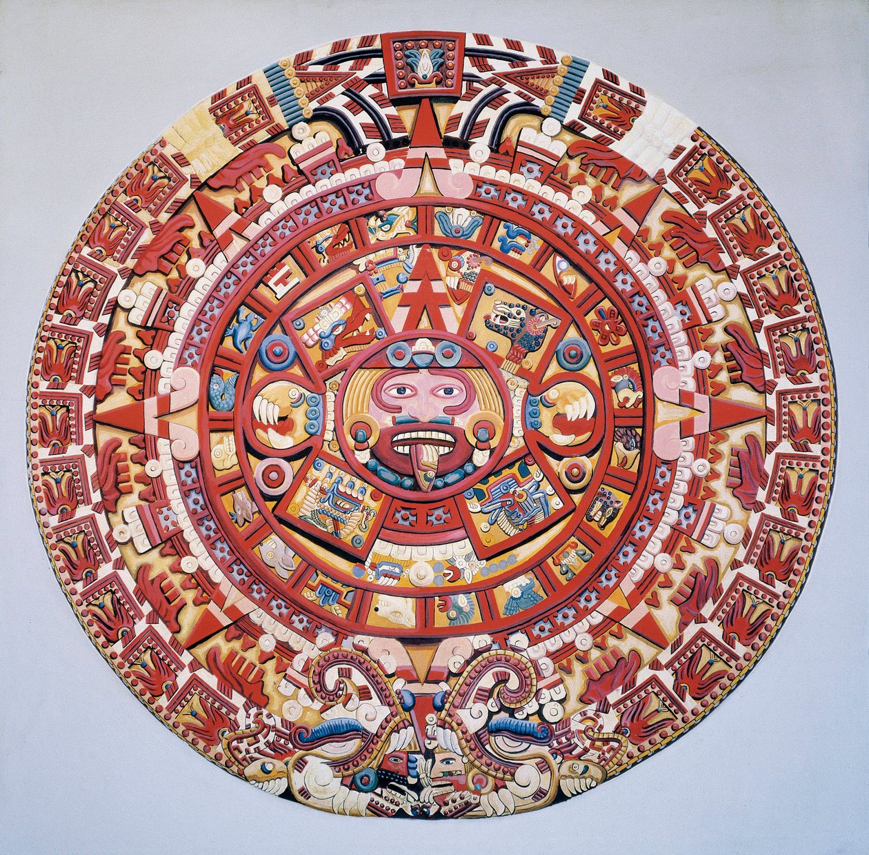 Civilização pré-colombiana: o calendário asteca (Pedra do Sol): disco representando o calendário asteca e a cosmogonia (Tonalpohualli) de Aztec Aztec