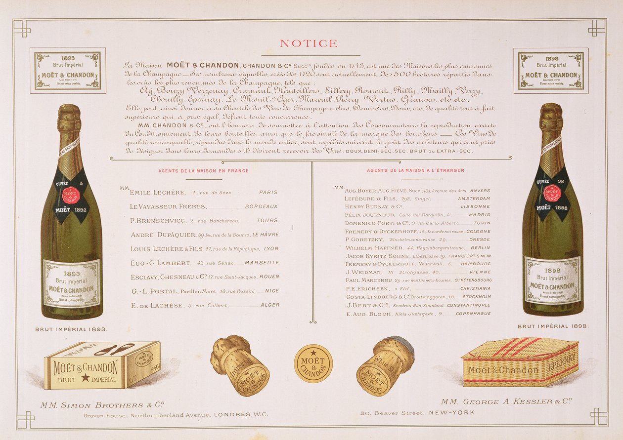 Agentes em todo o mundo e amostras de embalagens, do Le France Vinicole, pub. de Moet & Chandon, Epernay de B. Arnaud