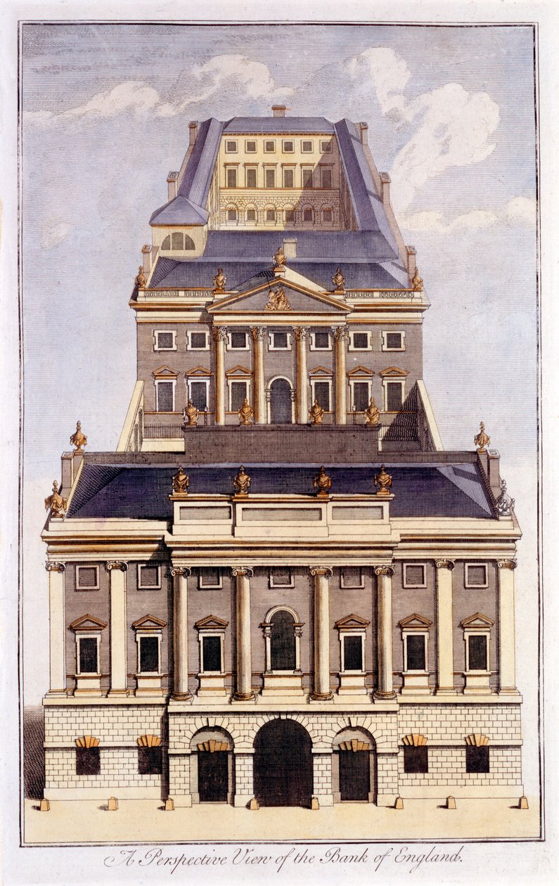 Uma vista em perspectiva do Banco da Inglaterra, final do século XVIII de B. Cole