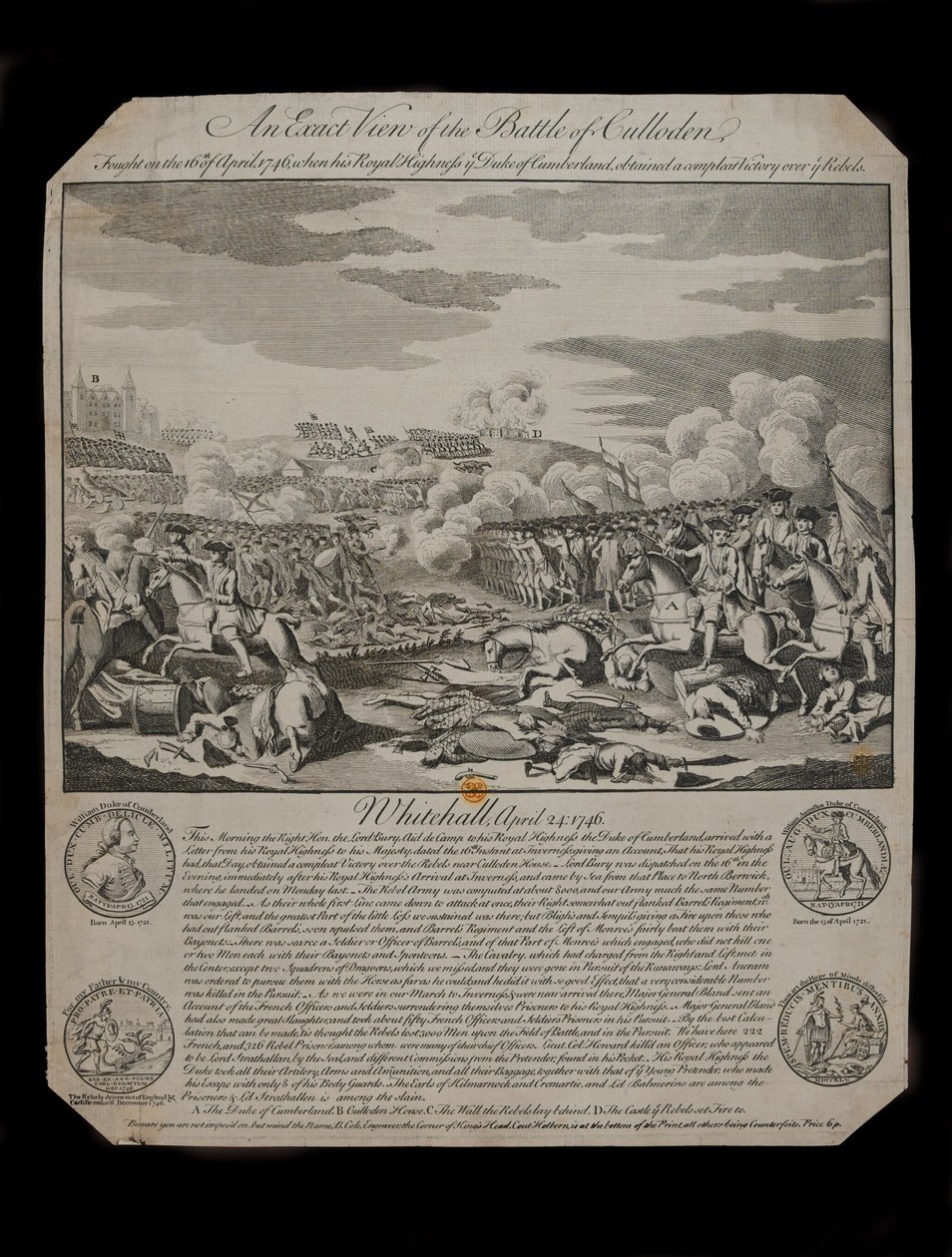 Uma visão exata da batalha de Culloden, publicado por B. Cole, no canto da cabeça do rei, Holborn, Londres, 1746 de B. Cole