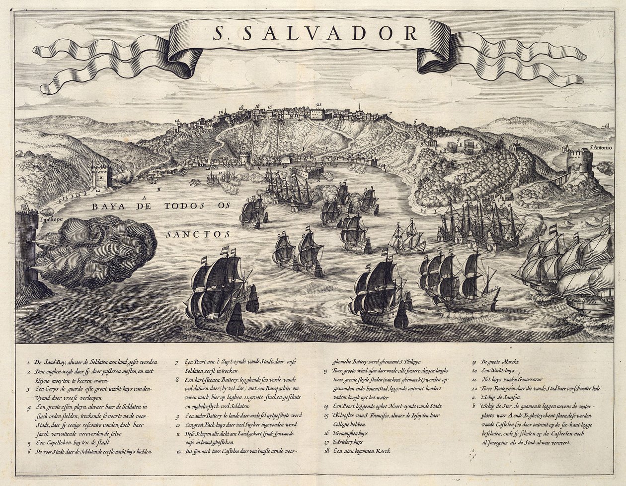 Vista da batalha da cidade de San Salvador na Baía de Todos os Santos entre os holandeses e portugueses em 1624 de B. Elsevier