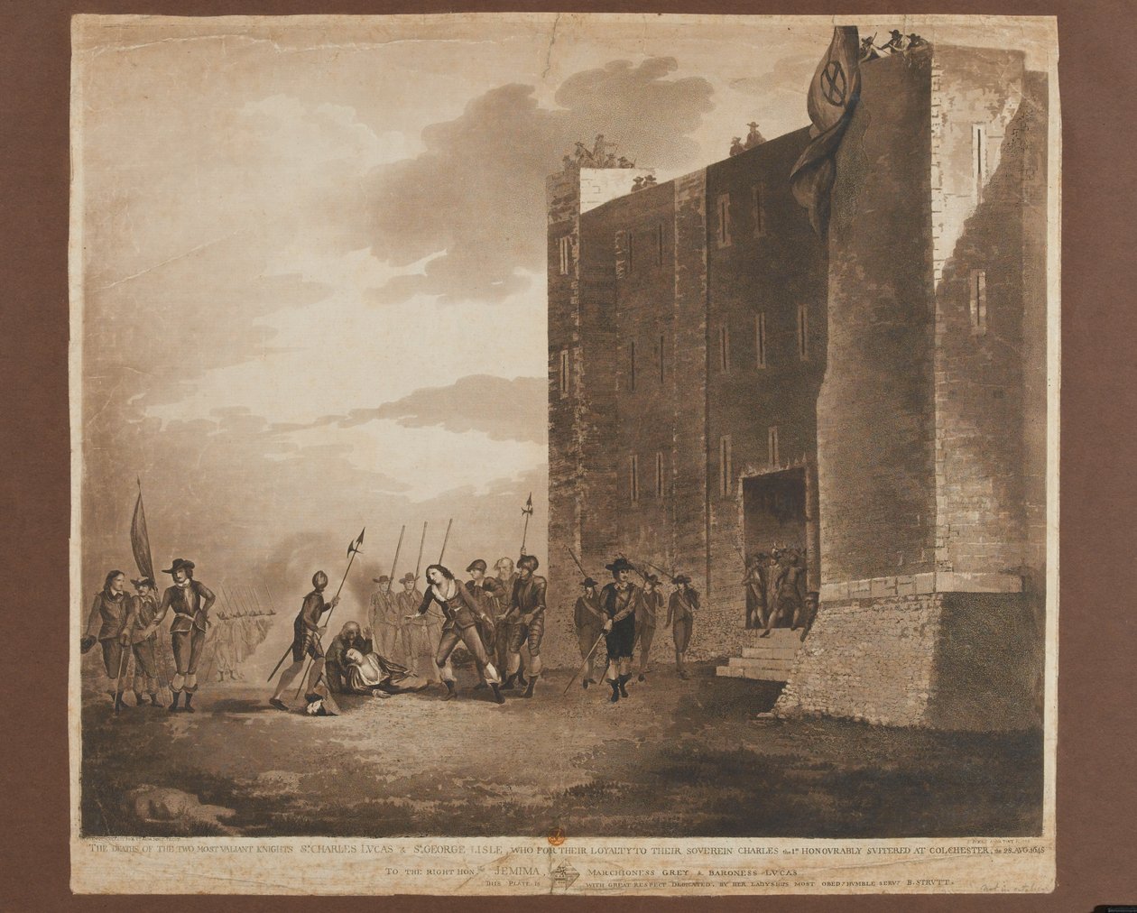 Mortes de Sir Charles Lucus (c.1612-1648), Sir George Lisle (d.1648), 28 de agosto de 1648, gravado por F. Jukes, publicado em 1748 (aquatinta colorida) de B. Strutt