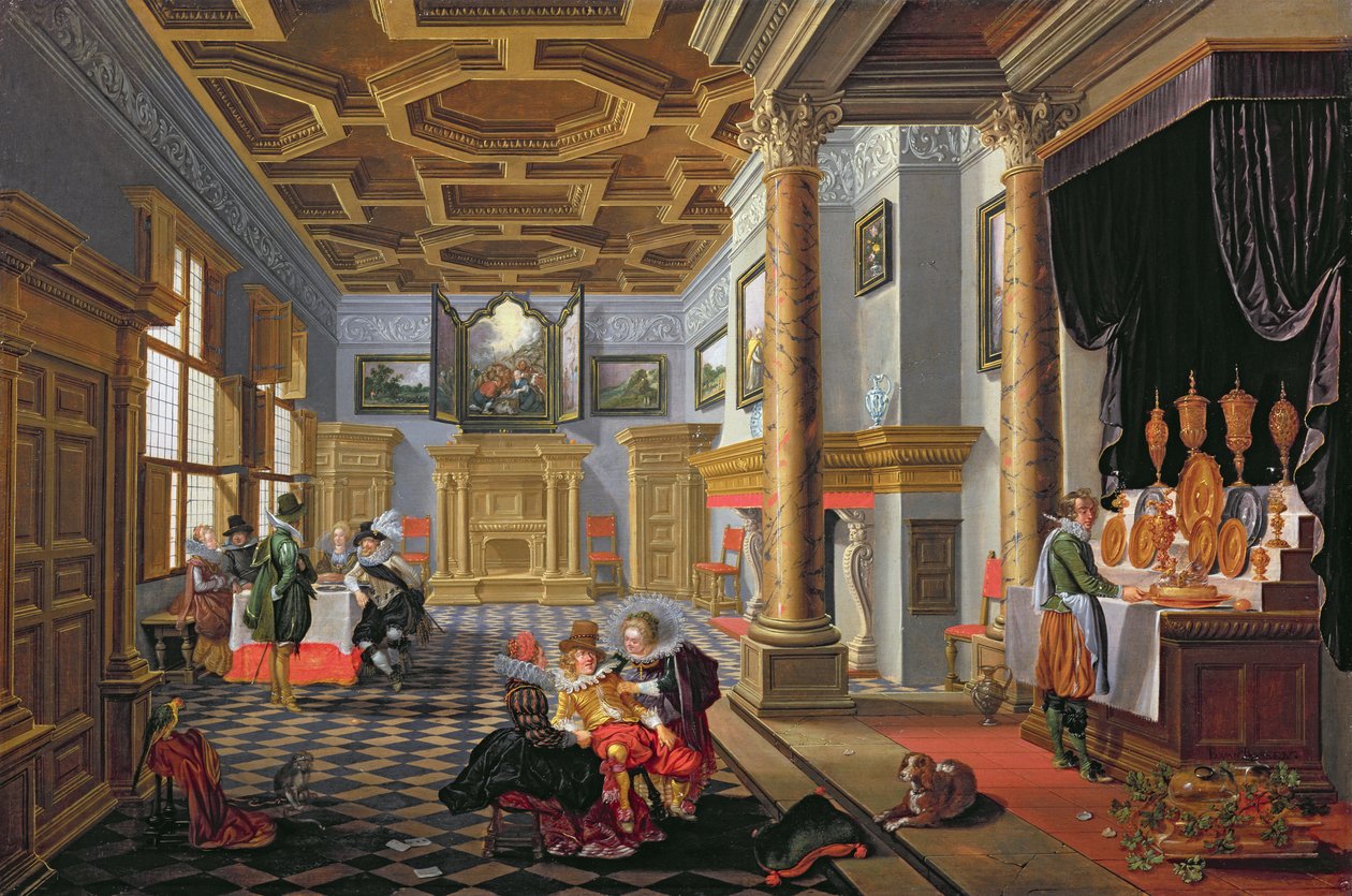 Figuras elegantes que jantam em um interior Courtly de B. van and Velde, E. van de Bassen