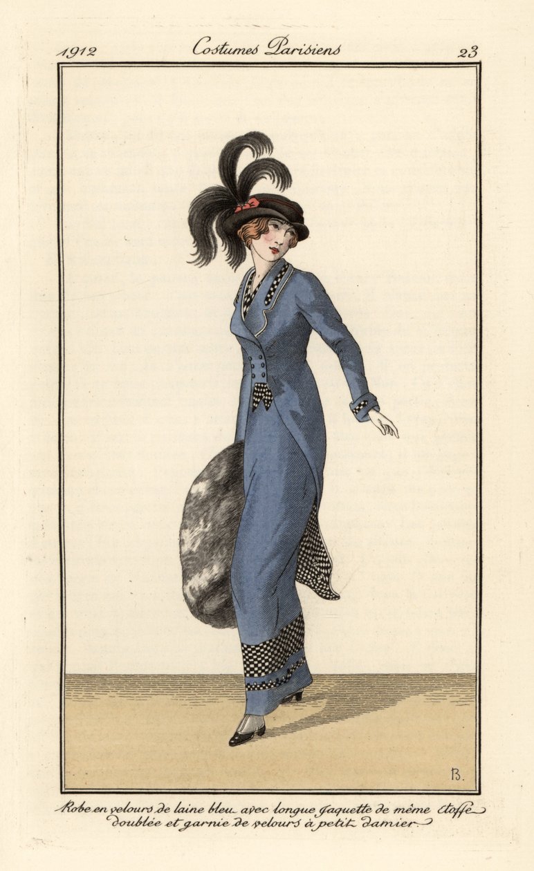 Mulher de vestido e casaco comprido de veludo de lã azul de B Berty