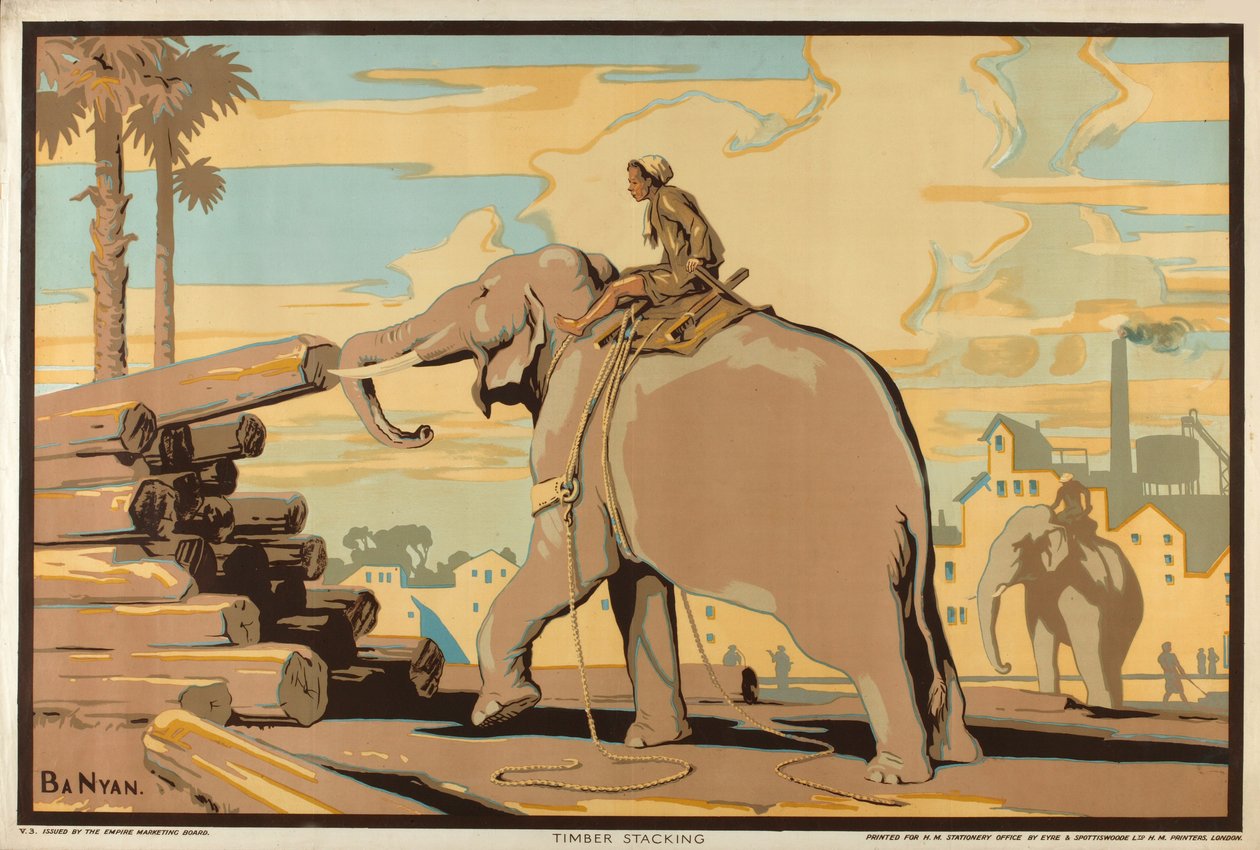 Empilhamento de madeira, da série "Burma: A Land of Rich Resources" (litografia a cores) de Ba Nyan