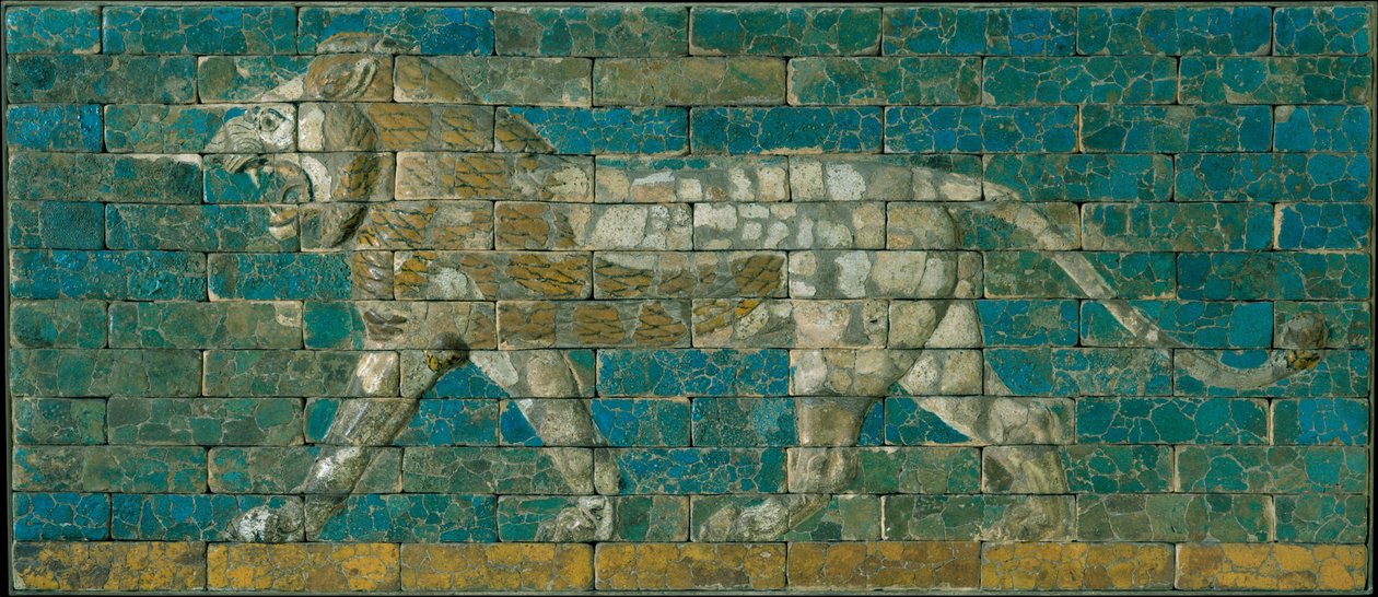 Painel com striding lion, c.600-575 aC (cerâmica vidrada) de Babylonian