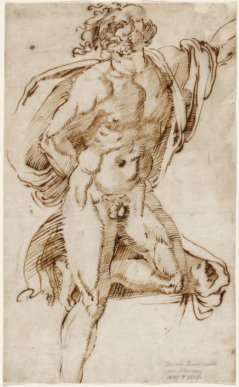 Nudez masculino que se apoia em um joelho em contraposição (estudo relacionado ao Laocoonte), c.1520-25 (caneta e tinta fel de ferro sobre papel) de Baccio Bandinelli