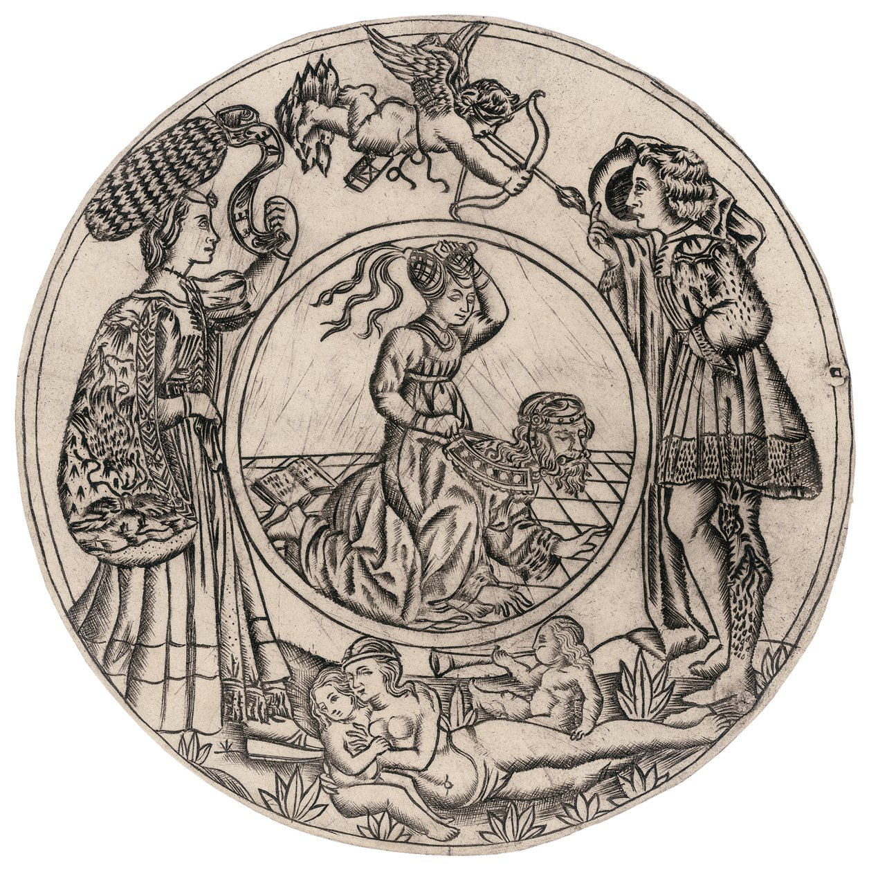 Aristóteles e Fílis, rodeados por um jovem e uma jovem com Eros, e uma mulher nua reclinada com dois filhos, segunda metade do século XV de Baccio Baldini