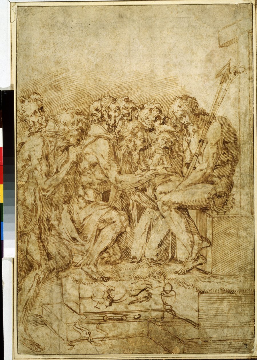 ""Cristo com os símbolos da paixão cercado por sete figuras"" (Cristo com símbolos das paixões acompanhado por sete figuras) Desenho em tinta marrom por Baccio Bandinelli (1493-1560) Museu Pushkin do século XVI Moscou de Baccio Bandinelli