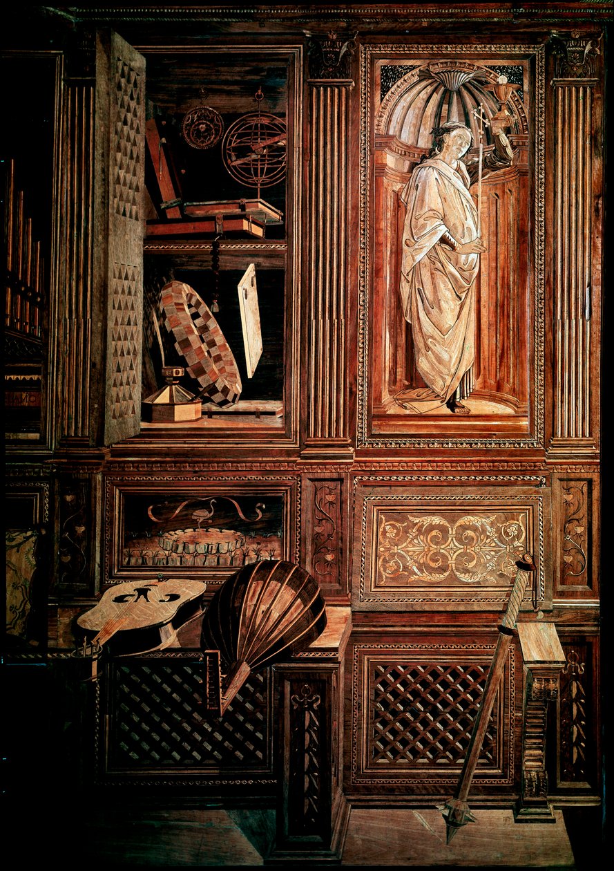 Studiolo do Duque Frederic III de Montefeltre, Duque de Urbino (Urbino), em italiano Federico III da Montefeltro (1422-1482). Detalhe com representação de um mazzocchio. Mosaico de madeira Legno, vermoldings executados por Baccio Pontelli (1450-92) após de de Baccio Pontelli